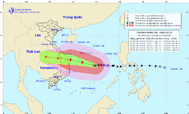 Vị trí bão số 9 lúc 7 giờ sáng nay 27.10. Ảnh: nchmf.gov.vn